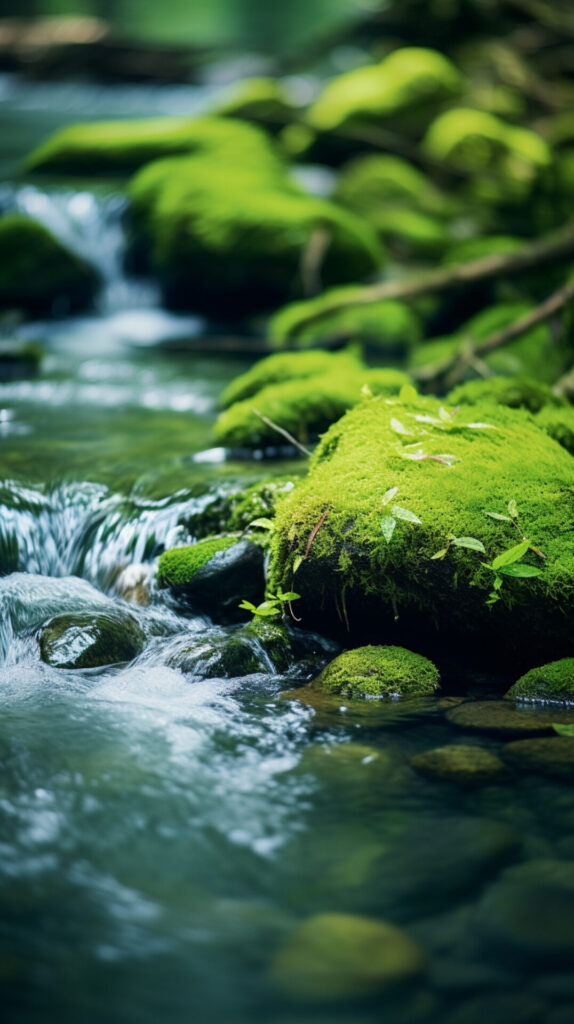 Ein klarer Bach fließt sanft über leuchtend grüne, moosbewachsene Steine in einer natürlichen Waldlandschaft.