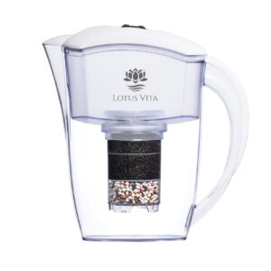Seitliche Ansicht einer durchsichtigen Wasserfilterkanne mit weißem Deckel und dem Lotus Vita Logo, die den mehrschichtigen Aufbau der Filterkartusche zeigt.